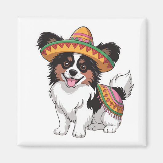 Fiesta Papillon Hond met Sombrero en Sarape Magneet (Voorkant)