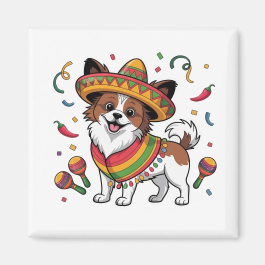 Fiesta Papillon Hond met Sombrero en Sarape Magneet (Voorkant)