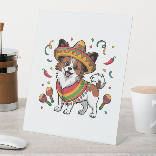 Fiesta Papillon Hond met Sombrero en Sarape Reclamebord Met Voetstuk (Insitu)