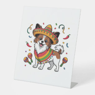 Fiesta Papillon Hond met Sombrero en Sarape Reclamebord Met Voetstuk