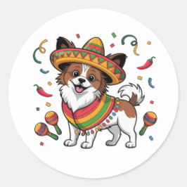Fiesta Papillon Hond met Sombrero en Sarape Ronde Sticker
