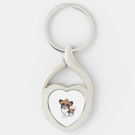 Fiesta Papillon Hond met Sombrero en Sarape Sleutelhanger (Voorkant)