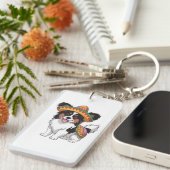 Fiesta Papillon Hond met Sombrero en Sarape Sleutelhanger (Voorkant Rechts)