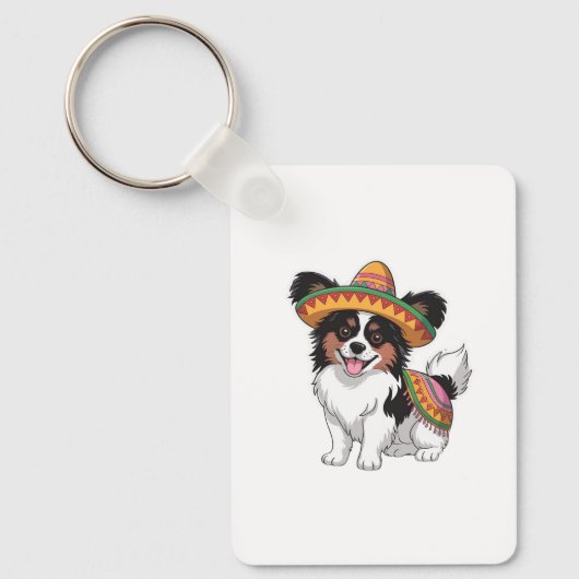 Fiesta Papillon Hond met Sombrero en Sarape Sleutelhanger (Voorkant)