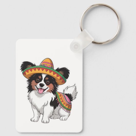 Fiesta Papillon Hond met Sombrero en Sarape Sleutelhanger (Achterkant)