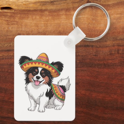Fiesta Papillon Hond met Sombrero en Sarape Sleutelhanger (Achterkant)