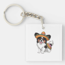 Fiesta Papillon Hond met Sombrero en Sarape Sleutelhanger