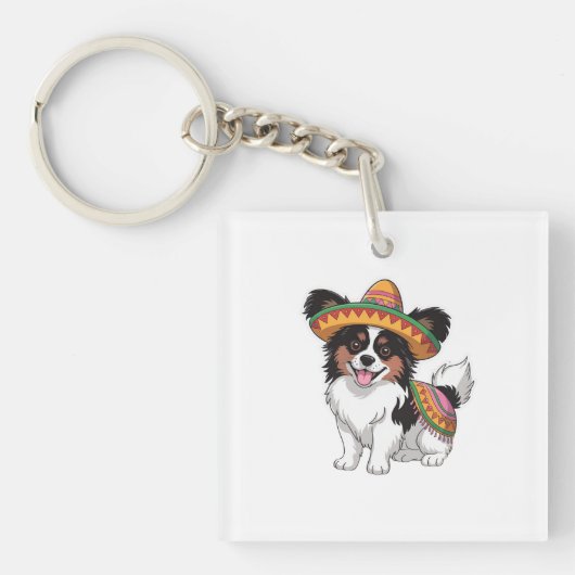 Fiesta Papillon Hond met Sombrero en Sarape Sleutelhanger (Voorkant)