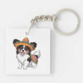 Fiesta Papillon Hond met Sombrero en Sarape Sleutelhanger (Achterkant)