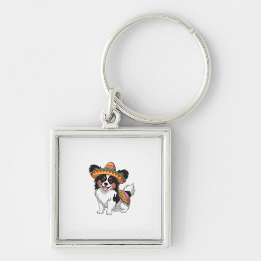 Fiesta Papillon Hond met Sombrero en Sarape Sleutelhanger (Voorkant)
