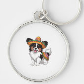 Fiesta Papillon Hond met Sombrero en Sarape Sleutelhanger (Voorkant)