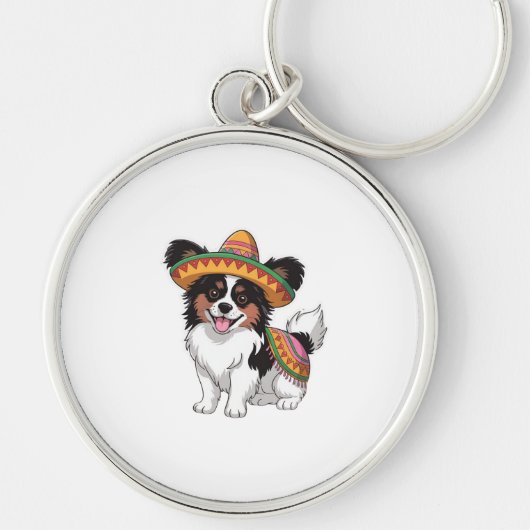 Fiesta Papillon Hond met Sombrero en Sarape Sleutelhanger (Voorkant)