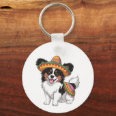 Fiesta Papillon Hond met Sombrero en Sarape Sleutelhanger (Voorkant)