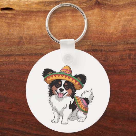 Fiesta Papillon Hond met Sombrero en Sarape Sleutelhanger (Voorkant)