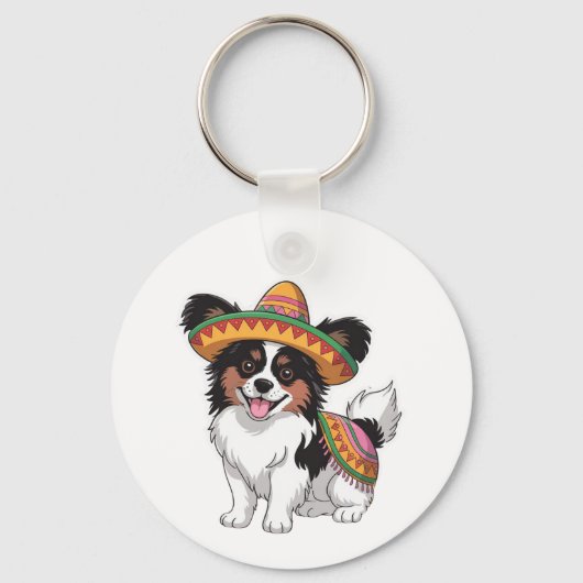 Fiesta Papillon Hond met Sombrero en Sarape Sleutelhanger (Achterkant)