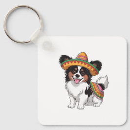 Fiesta Papillon Hond met Sombrero en Sarape Sleutelhanger