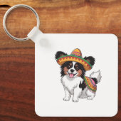 Fiesta Papillon Hond met Sombrero en Sarape Sleutelhanger (Voorkant)