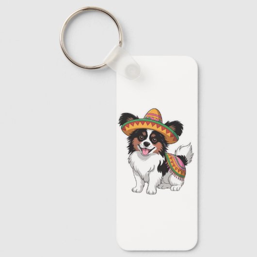 Fiesta Papillon Hond met Sombrero en Sarape Sleutelhanger (Voorkant)