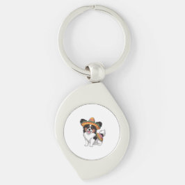 Fiesta Papillon Hond met Sombrero en Sarape Sleutelhanger