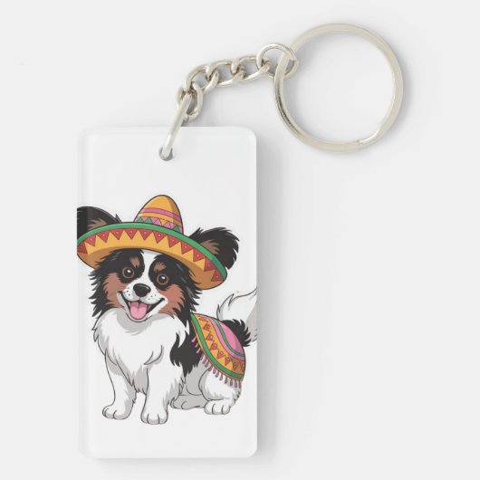 Fiesta Papillon Hond met Sombrero en Sarape Sleutelhanger (achterkant)