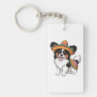 Fiesta Papillon Hond met Sombrero en Sarape Sleutelhanger