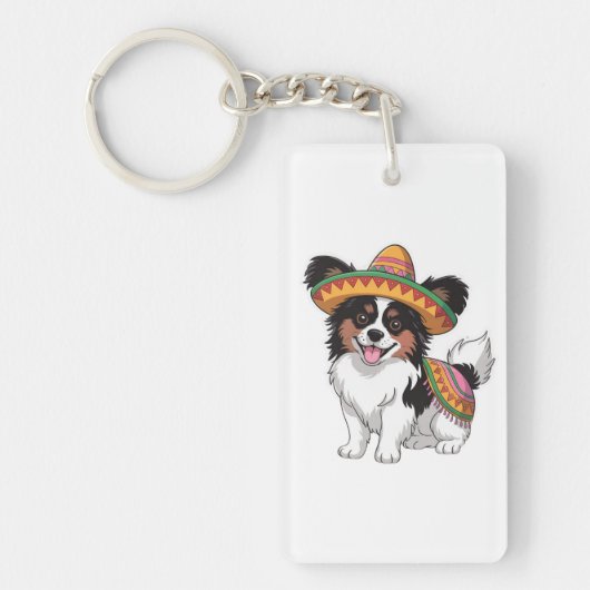Fiesta Papillon Hond met Sombrero en Sarape Sleutelhanger (Voorkant)