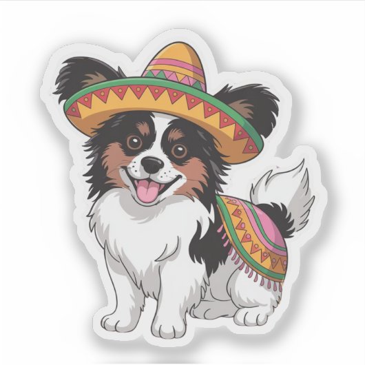 Fiesta Papillon Hond met Sombrero en Sarape Sticker (Voorkant)