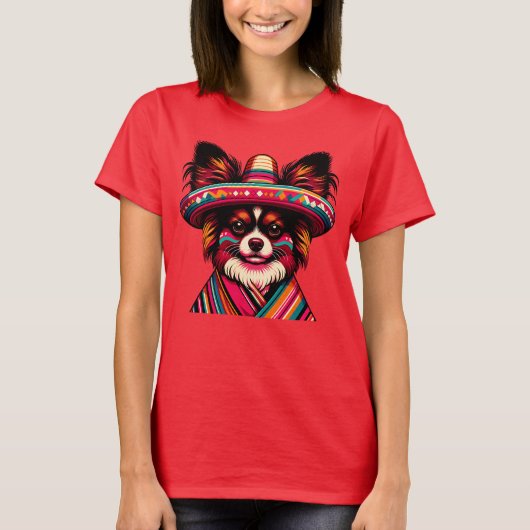 Fiesta Papillon Hond met Sombrero en Sarape T-shirt (Voorkant)