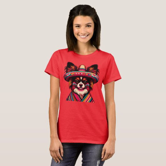 Fiesta Papillon Hond met Sombrero en Sarape T-shirt (Voorkant volledig)