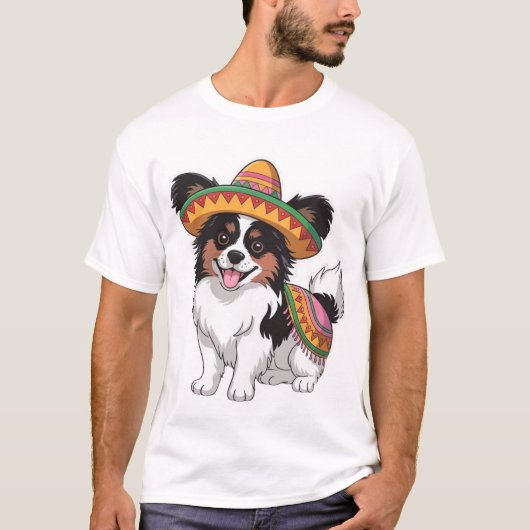 Fiesta Papillon Hond met Sombrero en Sarape T-shirt (Voorkant)