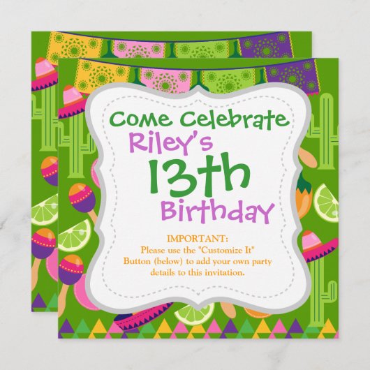 Fiesta Party Sombrero Cactus Limes Peppers Maracas Kaart (Voorkant / Achterkant)