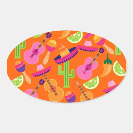 Fiesta Party Sombrero Cactus Limes Peppers Maracas Ovale Sticker (Voorkant)