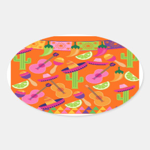 Fiesta Party Sombrero Cactus Limes Peppers Maracas Ovale Sticker