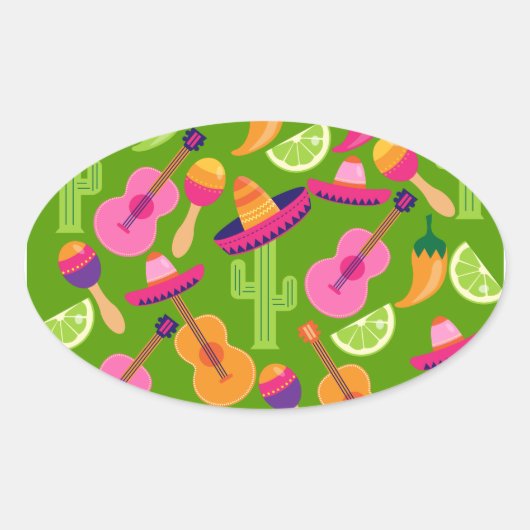 Fiesta Party Sombrero Cactus Limes Peppers Maracas Ovale Sticker (Voorkant)