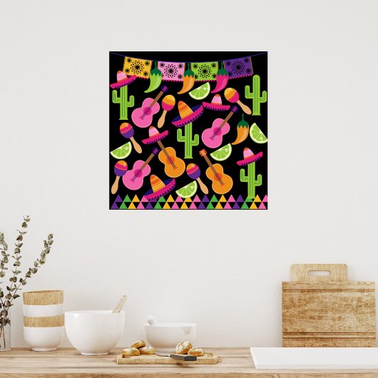 Fiesta Party Sombrero Cactus Limes Peppers Maracas Poster (Keuken)