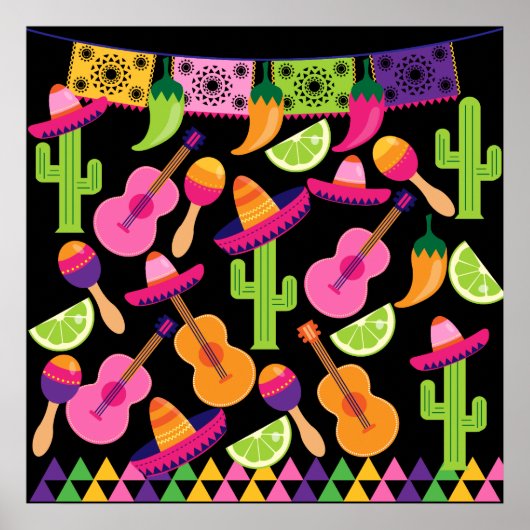 Fiesta Party Sombrero Cactus Limes Peppers Maracas Poster (Voorkant)