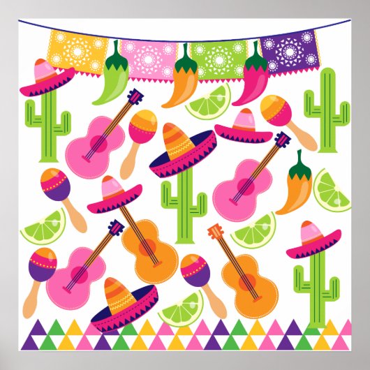Fiesta Party Sombrero Cactus Limes Peppers Maracas Poster (Voorkant)