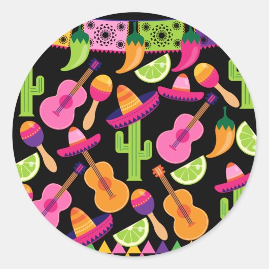Fiesta Party Sombrero Cactus Limes Peppers Maracas Ronde Sticker (Voorkant)