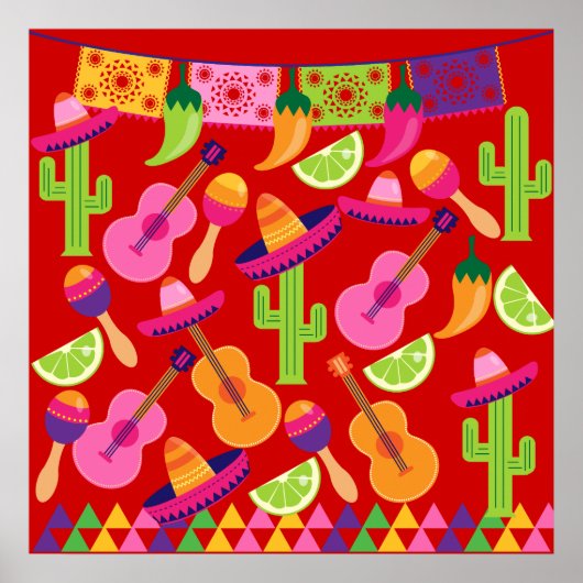 Fiesta Party Sombrero Limes Guitar Maraca Saguaro Poster (Voorkant)