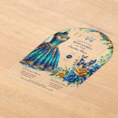 Fiesta Quinceanera Bloemenvlinders Blauw Goud Acryl Uitnodigingen (Laagn)