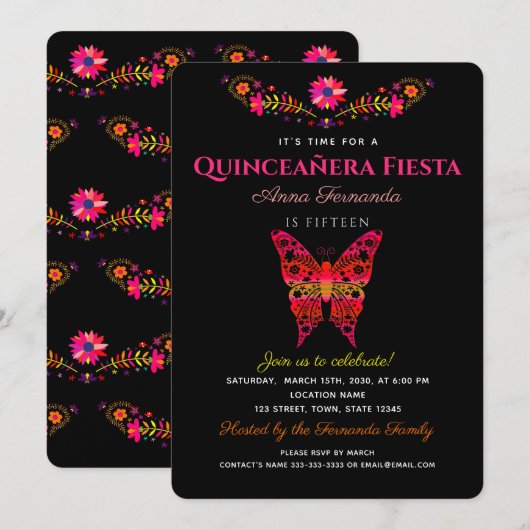 Fiesta Quinceañera Uitnodiging (Voorkant / Achterkant)