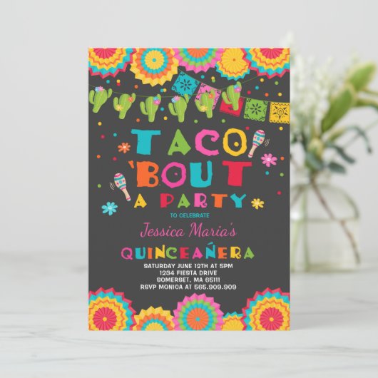Fiesta Quinceanera Uitnodiging Taco Over Een Feest (Staand voorkant)