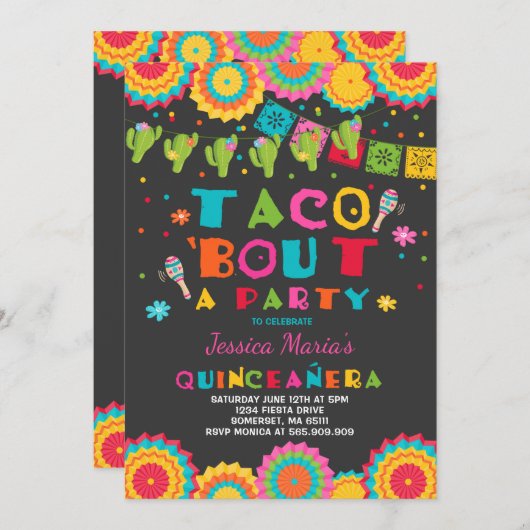 Fiesta Quinceanera Uitnodiging Taco Over Een Feest (Voorkant / Achterkant)