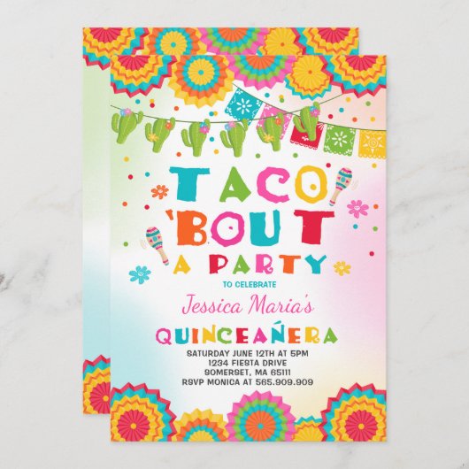 Fiesta Quinceanera Uitnodiging Taco Over Een Feest (Voorkant / Achterkant)