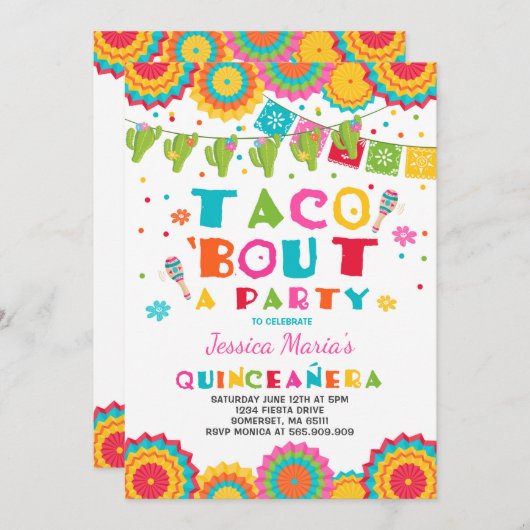 Fiesta Quinceanera Uitnodiging Taco Over Een Feest (Voorkant / Achterkant)