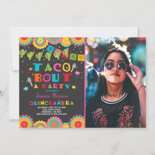 Fiesta Quinceanera Uitnodiging Taco Over Een Feest (Voorkant)
