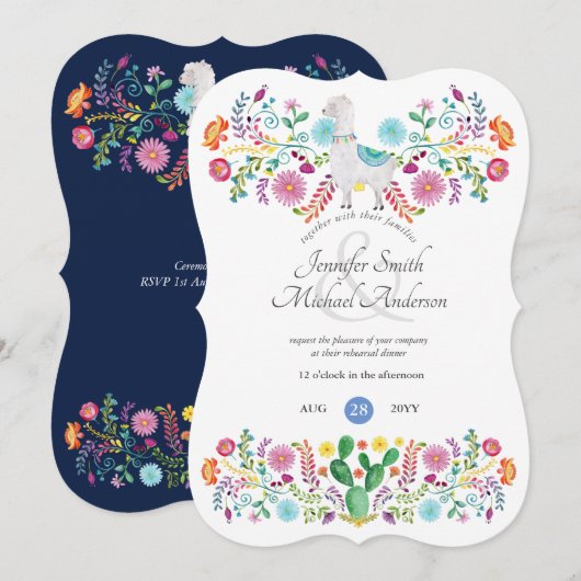 Fiesta Rehearsal Dinner Llama Folk Flowers Cacti Kaart (Voorkant / Achterkant)