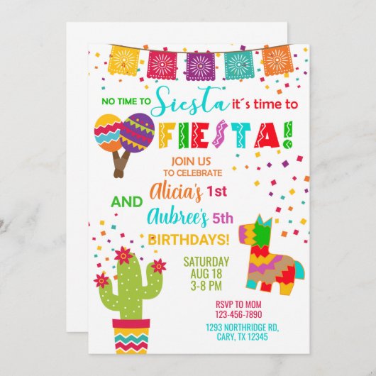 Fiesta siblings meisjes verjaardagsuitnodiging. kaart (Voorkant / Achterkant)