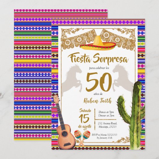 Fiesta Sorpresa Mexican Charro Birthday Uitnodigin Kaart (Voorkant / Achterkant)