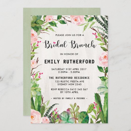Fiesta Succulent Boho Bridal Brunch Uitnodiging (Voorkant / Achterkant)